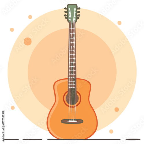 Flat illustration of a classic acoustic guitar with orange color and round design
