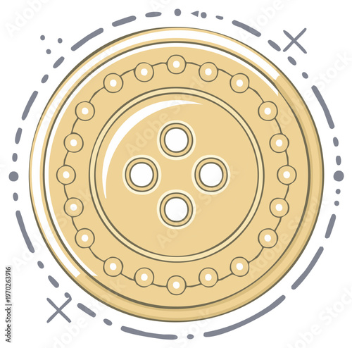 Stylized cartoon illustration of a yellow four hole sewing button for crafts and tailoring