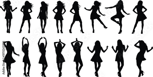 Silhouettes of beautiful women dancing and posing in elegant dresses, vector fashion models set for party, clubbing, and celebration themes.