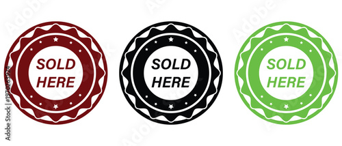 Various colour stamps icon with text. Sold here tag, stamp, price tag, sticker, and label concept. Business illustration.