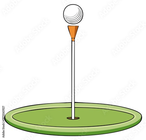 Golf ball perfectly placed on tee with flagstick in putting green hole