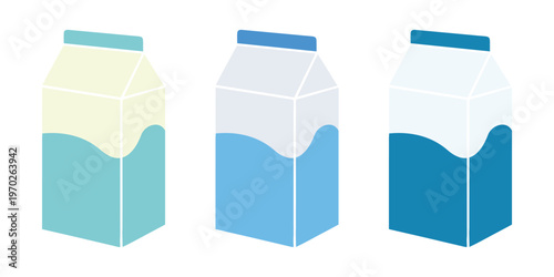 Three milk cartons in different shades of blue, commonly used to represent varying levels of milk fat content, such as whole, reduced-fat, and skim.