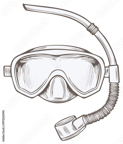 Detailed graphic of a vintage scuba diving mask and snorkel, illustration