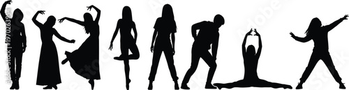 Silhouettes of diverse dancers performing ballet, contemporary, and hip hop moves, vector set of people dancing for fitness and arts.