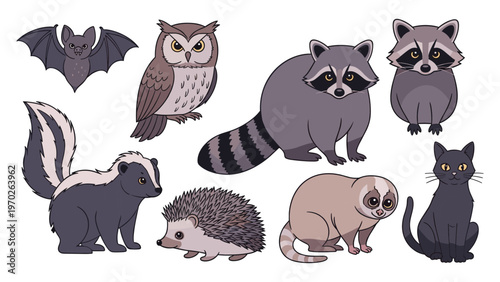 Nocturnal animals vector illustration set with owl bat raccoon skunk hedgehog loris cat wildlife cartoon