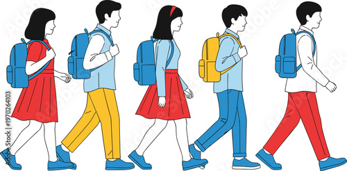 Flat vector illustration of a group of diverse students walking to school wearing backpacks and casual clothes for educational concepts