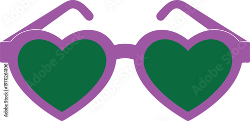 Pair of heart-shaped glasses with purple frames and green lenses
