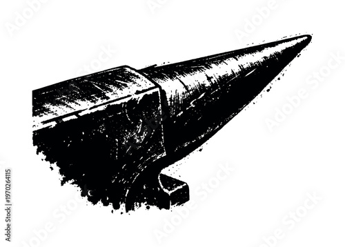 A heavy blacksmith anvil horn tip shown in a dramatic close three-quarter view, enlarged to dominate the frame as a tapered industrial form on a clean