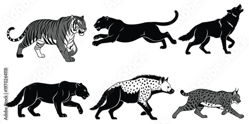 Predator animals silhouette set including tiger wolf hyena panther and lynx for logos vector illustration