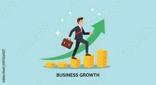 Business Growth Concept with Businessman Climbing Stack of Coins Upward Arrow.