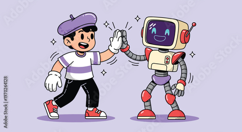 Boy and Robot High Five Vector Illustration.