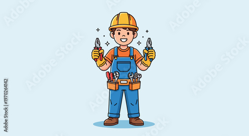 Cartoon Electrician Character Holding Pliers and Tools.