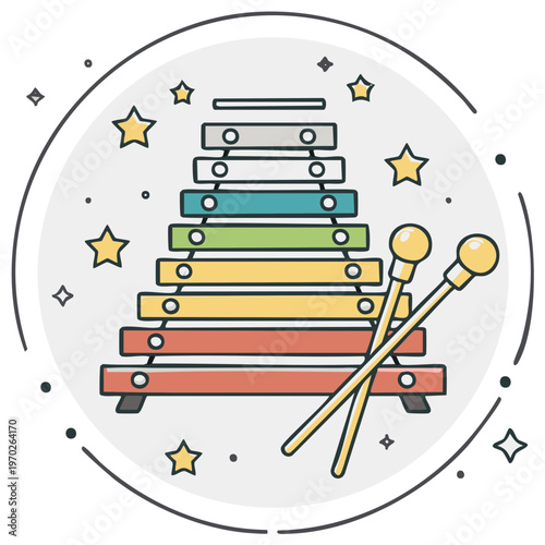 Colorful Wooden Xylophone Musical Instrument with Mallets and Stars Illustration
