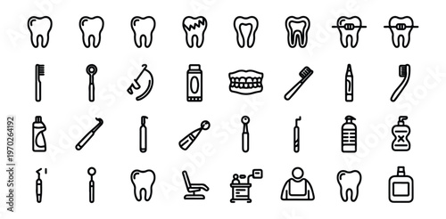Dental service linear icons collection with teeth braces dentist tools and hygiene products