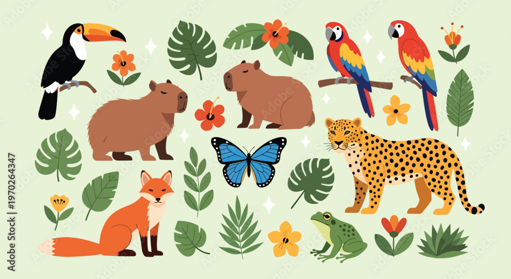 Fototapeta premium Collection of vibrant Amazon rainforest animals and plants.
