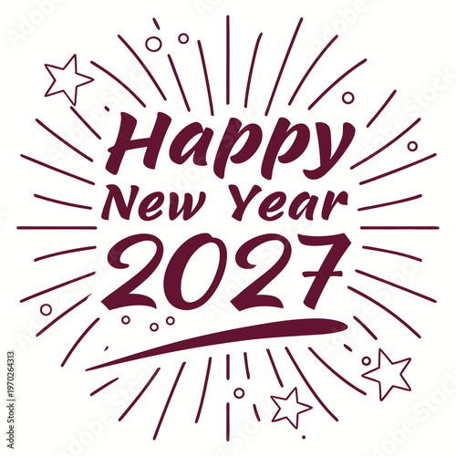 A vibrant graphic design announces happy new year 2027 with stylized text and radiating lines creating a festive atmosphere