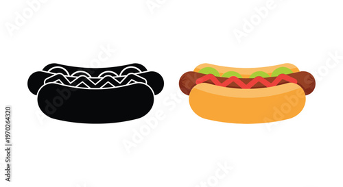 Two hotdogs depicted one colorful one stark black silhouette high quality