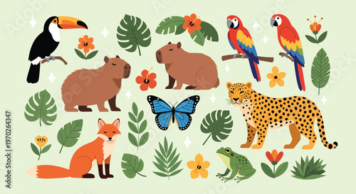Collection of vibrant Amazon rainforest animals and plants.
