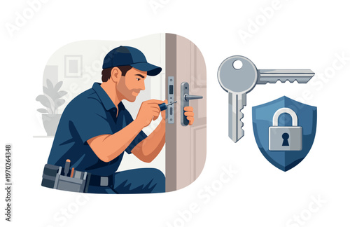 A locksmith work scene where a specialist carefully fixes and adjusts a door lock mechanism in a residential setting, a key and a lock symbol