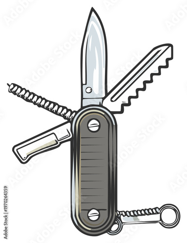 Multipurpose Pocket Knife with Several Tools Open