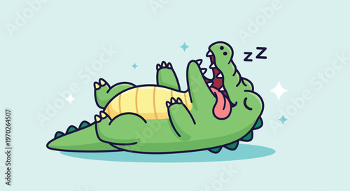 Cute Cartoon Alligator Sleeping Peacefully on its Back.