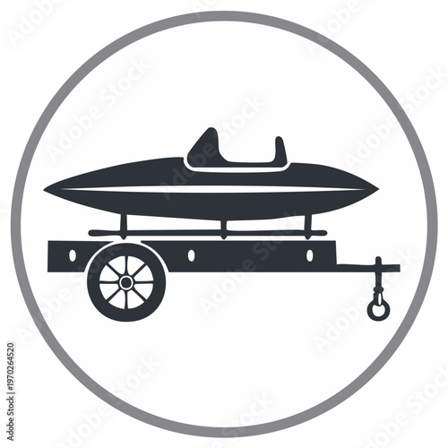 Powerboat or speedboat on trailer flat design vector icon in a round frame