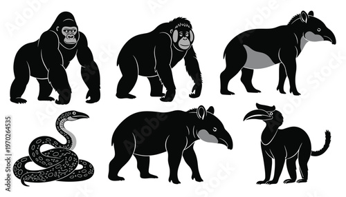 Rainforest wildlife silhouette set with gorilla orangutan tapir snake and hornbill vector