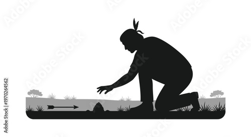 Native american hunter aiming with bow and arrow black shape silhouette
