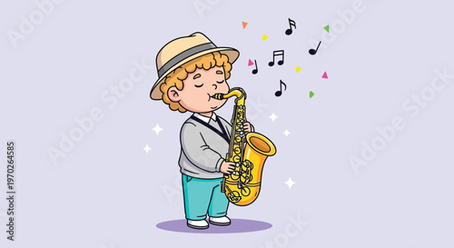 Cute Cartoon Boy Playing Saxophone with Musical Notes.