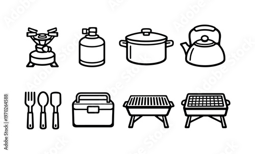 Camping cooking equipment: camping stove, gas canister, cooking pot, frying pan, kettle, utensil set, cooler box, portable grill