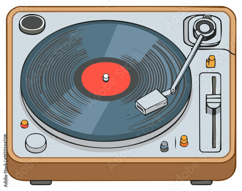 Vintage turntable illustration with record playing on beige background, simple retro vinyl player design with record arm