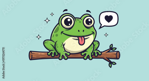 Cute cartoon frog with big eyes sitting on a branch and sticking out its tongue.