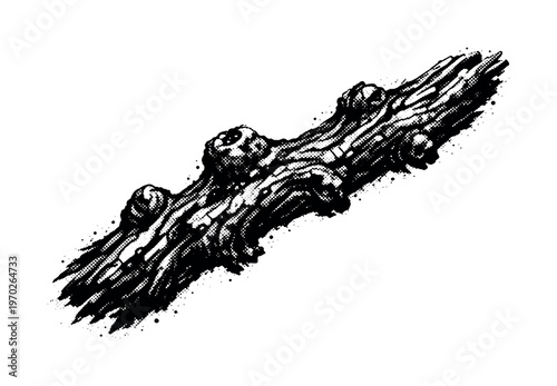A gnarled oak branch segment shown diagonally across the frame, viewed from slightly above so its twisting form and protruding knots dominate the