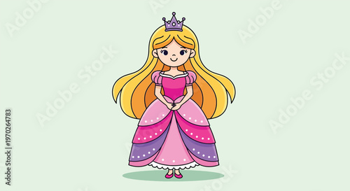 Cute Cartoon Princess with Crown and Pink Dress.