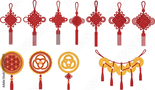 Set of traditional Chinese red knots and lucky gold coins with tassels for Lunar New Year decoration and oriental cultural celebrations