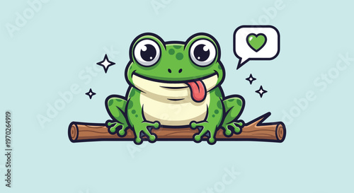 Cute Green Frog with Tongue Out Sitting on a Branch.