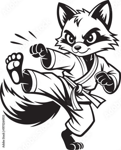 Cute cartoon fox in martial arts uniform performing a high kick