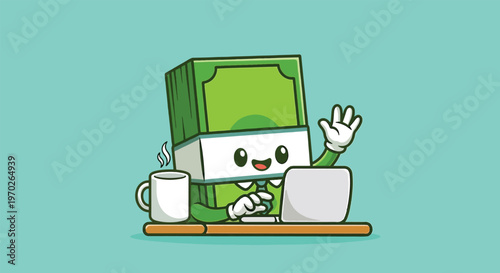 Cute Money Character Working on Laptop with Coffee Vector.