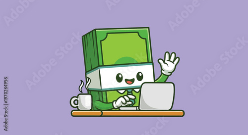 Cute Money Character Working on Laptop with Coffee Vector Illustration.