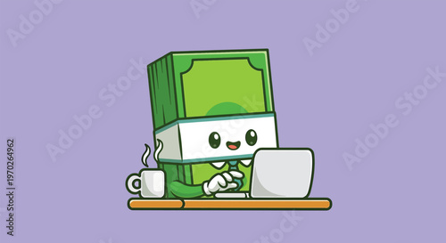 Cute Money Character Working on Laptop with Coffee.