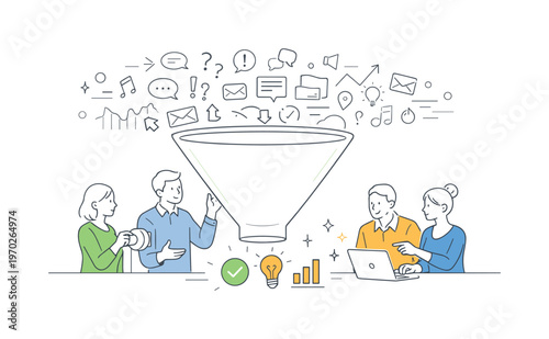 A simple signal filtering scenario where professionals reduce noise and focus only on relevant information in a busy workflow, using a visual metaphor
