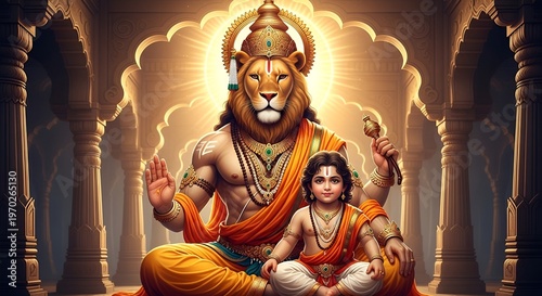 Lord Narasimha with Prahlada – Hindu Mythology Temple Art