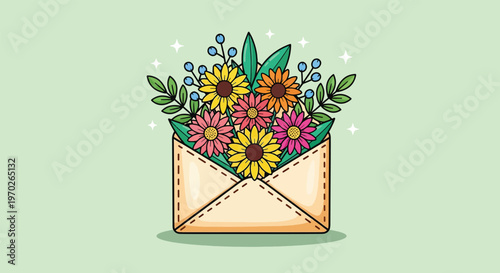 Envelope filled with colorful blooming flowers and green leaves.