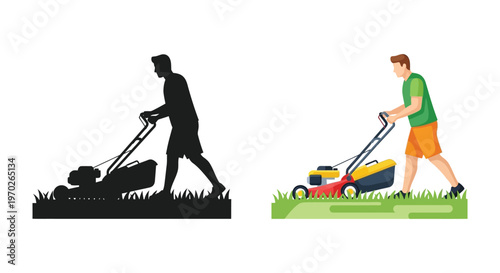 Man mowing lawn split view featuring color and black silhouette