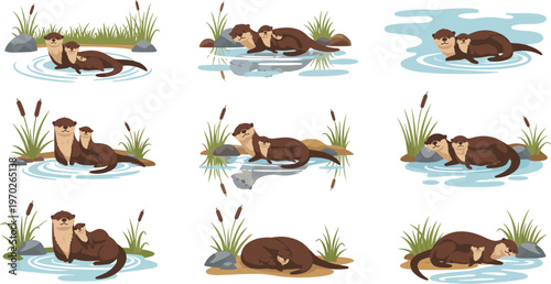 Cute otter vector set in river habitat scenes with reeds water plants and playful wildlife illustrations collection