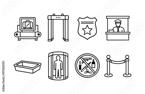 Airport security screening: luggage scanner, metal detector gate, security officer badge, passport control booth, baggage tray, body scanner