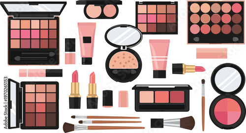 Cosmetic Makeup Collection Vector Illustration with Lipsticks, Eyeshadows, Brushes, and Beauty Products for Fashion, Beauty, and Skincare Designs