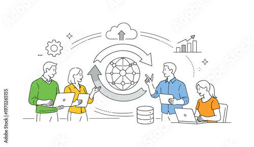 A system integration and synchronized operations scene showing a small team coordinating systems around a large network node and circular arrows
