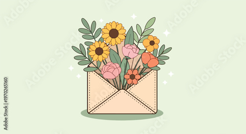 Envelope with Flowers Illustration.