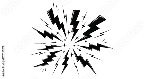 Explosion of Black Lightning Bolts on White Background.